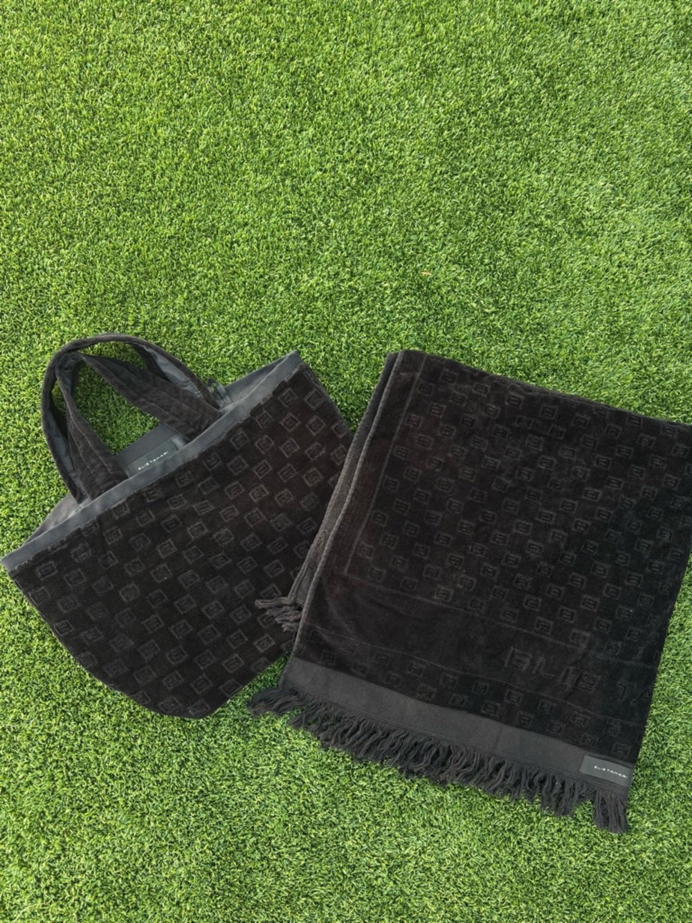 Elie Tahari Black Tote and Fringe Towel Set